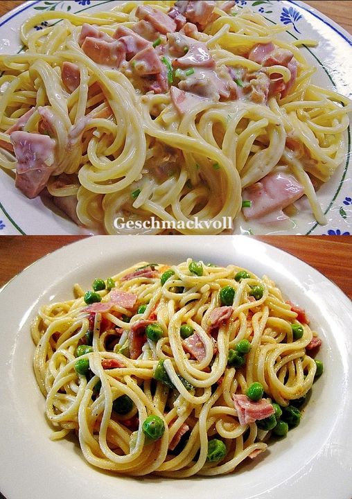 Spaghetti in Käse-Sahnesoße mit Schinken &amp; Pilzen, So cremig und ...